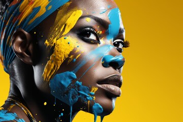 Vibrant woman  bold graphic illustration with geometric patterns in dark blue and light yellow hues