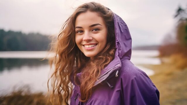 Young girl wearing a windproof and waterproof jacket camping beside a beautiful lake, woman and nature, line style