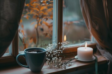 cup of coffee and white candle on the windowsill in autumn. 