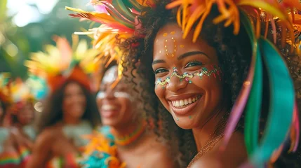 Deken met patroon Carnaval Dancing and enjoying the carnival are young women. Generative Ai