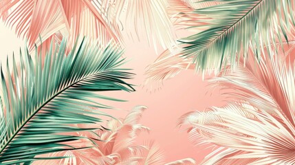 The image features a wallpaper in shades of pink and green adorned with vibrant palm leaves. The design adds a tropical touch to the room, creating a fresh and lively atmosphere