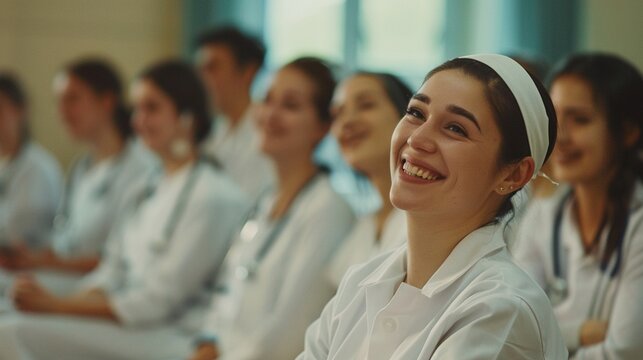Happy Nurse Doctor Relaxing in Seminar Training Class