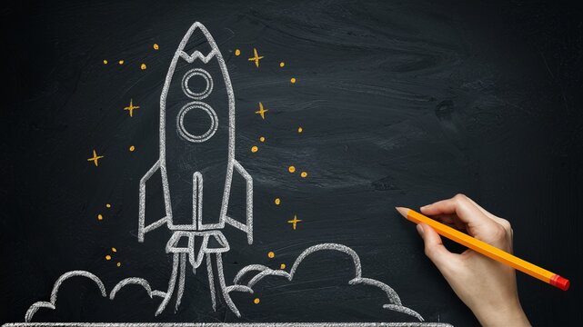 a picture of a rocket on the blackboard with a hand holding a pencil