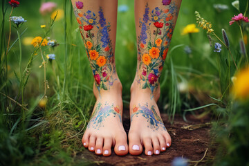 Barefoot woman with legs body painting standing on a meadow.