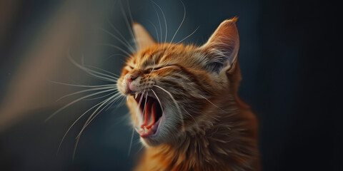 Portrait of Hissing orange Cat with Arched Back. An angry, disgruntled cat with its mouth open, ready to attack, angry, copy space background.