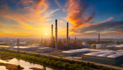 Estates industrial factories oil refineries with sunset and twilight views of the sky are beautiful