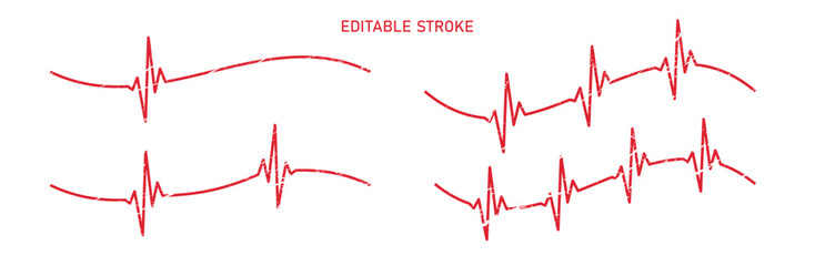 Editable retro stroke heart diagram set, red EKG, cardiogram, heartbeat line vector design to use for healthcare, healthy lifestyle, medical laboratory, cardiology project.