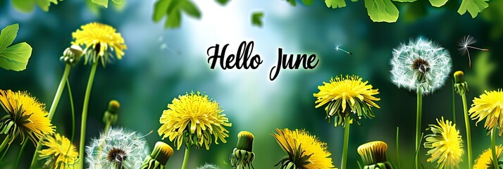 Hello june flowers. Banner hello june. New season. Summer. Dandelions. Yellow summer flowers. Dandelions flowers with place for text. Bright yellow flowers and green grass. panorama