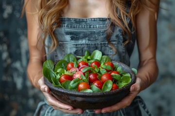 Woman Holding a Bowl of Tomatoes and Spinach