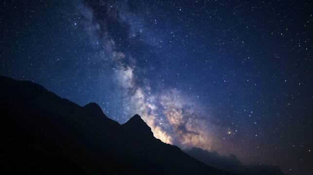 The Milky Way Galaxy Moving In Night Sky Over The Mountain Range On A Background. Landscapes photography
