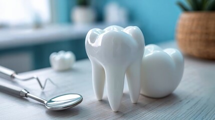 Dental tools and tooth model closeup view, Dentistry and desntist 