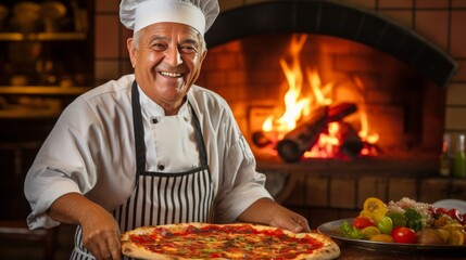 Smiling mature man baking pizza in italian restaurant brick oven with copy space
