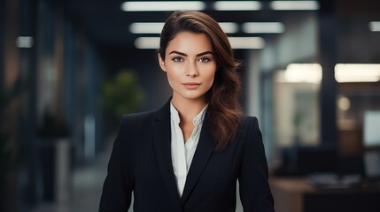 Portrait of a professional woman in a suit standing in a modern office. Young business woman looking at the camera in a workplace meeting area 