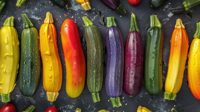 Assorted colorful zucchini. Fresh vegetables for cooking. Harvest on stone background, top view, close up