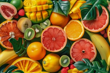 Assorted Fresh Fruits Background with Mango, Kiwi, Orange, Banana, and Grapefruit on Green Leaves