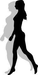 A vector illustration featuring the black silhouette of a slender athletic girl walking juxtaposed with her opposite full-bodied, unkempt shadow on a white background, symbolizing contrast and self-im