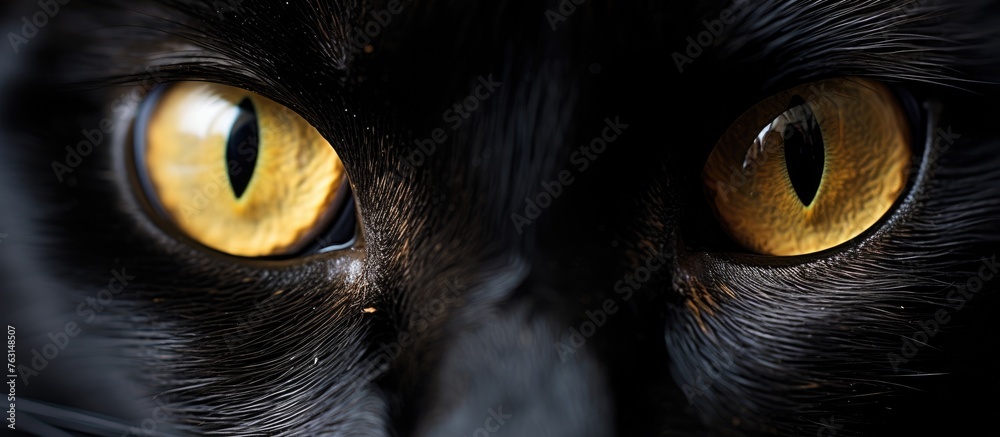 Poster a close up of a black cats yellow iris, whiskers and snout. belonging to the felidae family, this ca