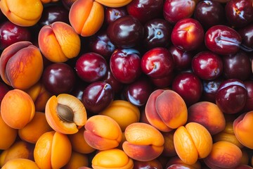 Fresh Assortment of Summer Stone Fruits Including Plums, Apricots, and Peaches in Abundance