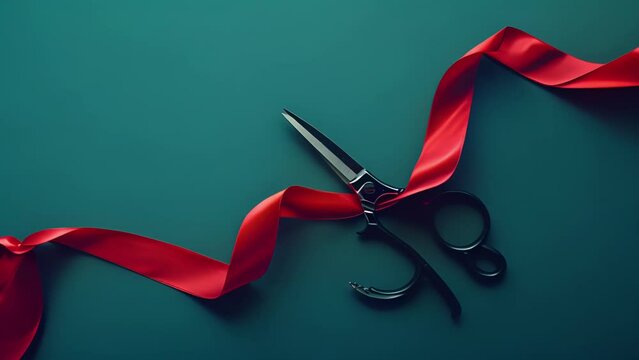 A zoomedin image of a pair of scissors ting a red ribbon symbolizing the start of Singles Day and the opening of online shopping discounts.