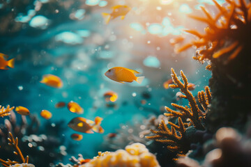 Fototapeta na wymiar A beautiful coral reef with yellow fish swimming in the water