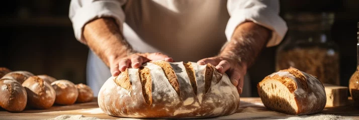 Gartenposter Male hands baking bread on blurred kitchen background with copy space for text. Banner © chelmicky