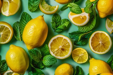 Fresh Whole and Sliced Lemons with Vibrant Green Mint Leaves on a Teal Background - obrazy, fototapety, plakaty
