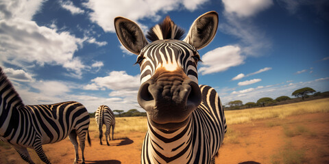 Smiling zebra looking at camera close up	
