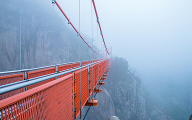 Landscape view of red suspension Cloud bridge in South Korea.