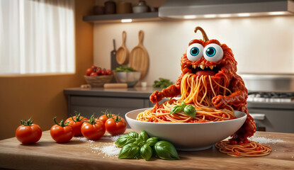 A Whimsical Monster Enjoying a Delicious Bowl of Spaghetti in a Cozy Kitchen.