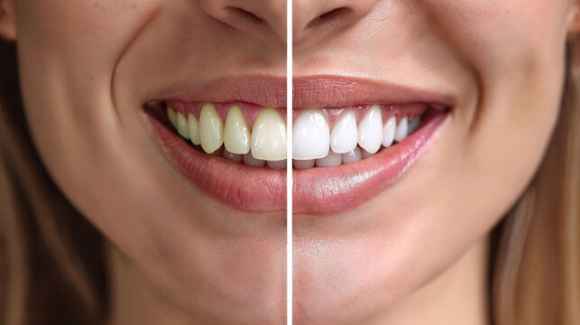 Teeth whitening, close up of a woman with a smile before and after treatment