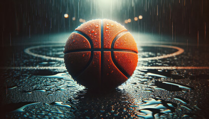 basketball on a wet court during a rainy day. The basketball is centered in the frame - obrazy, fototapety, plakaty