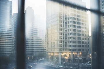 Dusky Gray Evening Metropolis Beyond the Windowpane, A Gritty Urban Scene Illustrating the Vibrancy and Gloom of City Life