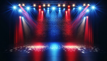stage with a backdrop of a brick wall illuminated by stage lights in red and blue hues,