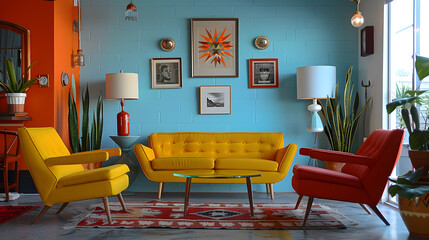A cozy modern living room featuring a bright yellow sofa, complemented by red armchairs. Pop art theme.