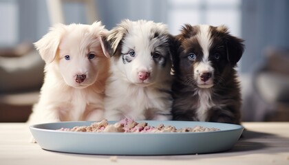 Cute border collie puppies eating from bowl on white kitchen floor with copy space for text - obrazy, fototapety, plakaty