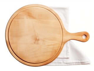 A circular wooden pizza board with handle on a white fabric backdrop, emphasizing simplicity and functionality.