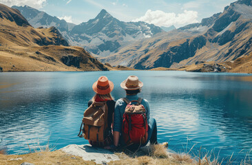 Two friends sitting on the edge of an alpine lake, overlooking majestic mountains