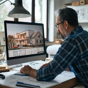 Elder architect working on home exterior design. Senior architect focuses on the exterior design of a home, analyzing it on a computer in a modern office setting
