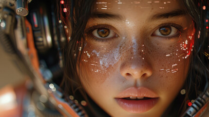 portrait of a very attractive girl in a futuristic spacesuit, beautiful brown eyes, poster, banner