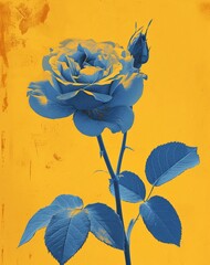 Blue Rose with Leaves on Yellow Background Beautiful Floral Still Life Image with Vibrant Colors and Elegant Composition