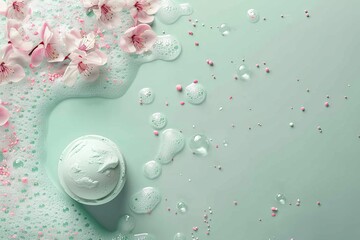 A luxurious banner in the color of peppermint cream, with a bath bomb, surrounded by small bubbles simulating a dissolving effect, and space for creative text on the right