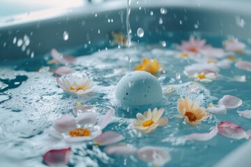 Close-up of a fizzing bath bomb releasing essential oils and flower petals in a bathtub