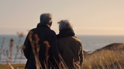 Seen from behind, an elderly couple embraces, sharing a moment of intimacy among the coastal grasses overlooking the sea.