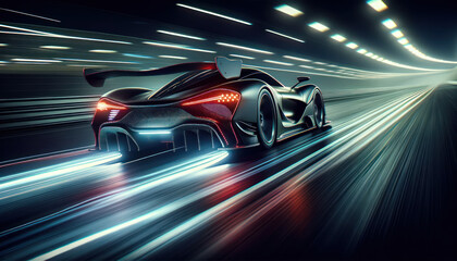 sports car racing at high speed on a track at night, with motion blur that creates light trails around the vehicle. - obrazy, fototapety, plakaty