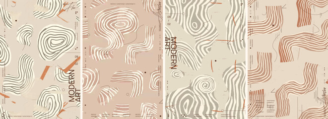 A set of four abstract posters in earthy tones. The pattern is designed for use as a background texture or design element on various products such as stationery, packaging, wallpaper, posters, etc.