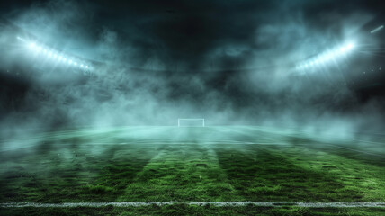 A foggy soccer field with a goal in the middle - obrazy, fototapety, plakaty