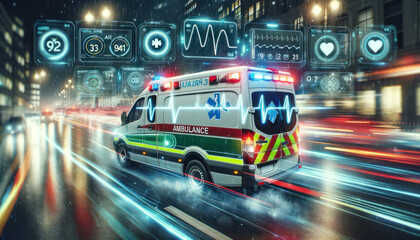 A high-speed ambulance on an urban street with emergency lights flashing, depicted in a futuristic style with augmented reality (AR) interface