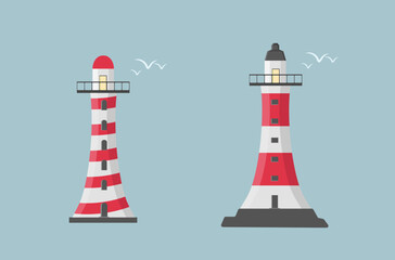 Vector set of cartoon flat lighthouses. Searchlight towers for marine navigation guidance