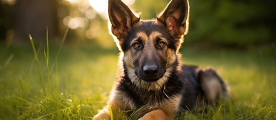 A German shepherd puppy, a breed known for being a herding dog and belonging to the Canidae family, is lying in grass, gazing at the camera with its distinctive snout