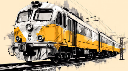 A charming watercolor sketch of a train with yellow gray lines